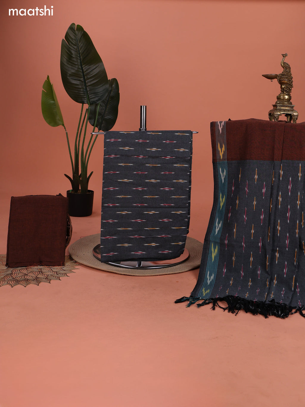 Grey and Brown Ikat Cotton Dress Material With Ikat Weaves and Bottom & Dupatta