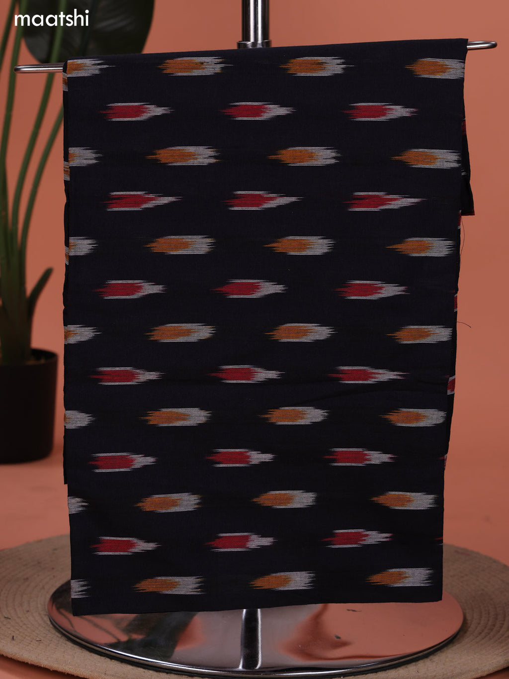 Navy Blue and Grey Ikat Cotton Dress Material With Ikat Weaves and Bottom & Dupatta