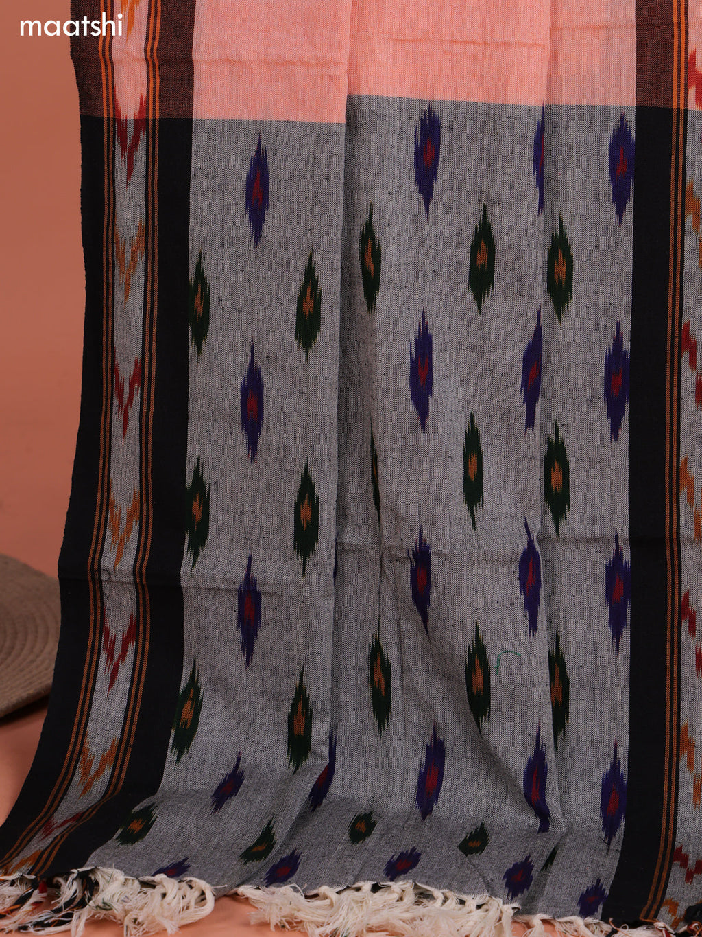 Grey and Peach Ikat Cotton Dress Material With Ikat Weaves and Bottom & Dupatta