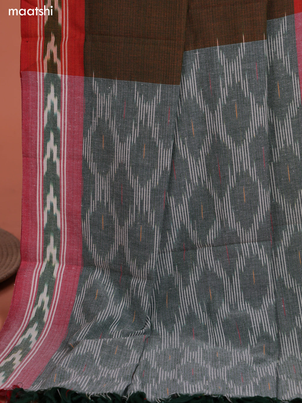 Sap Green and Mehendi Green Ikat Cotton Dress Material With Ikat Weaves and Bottom & Dupatta