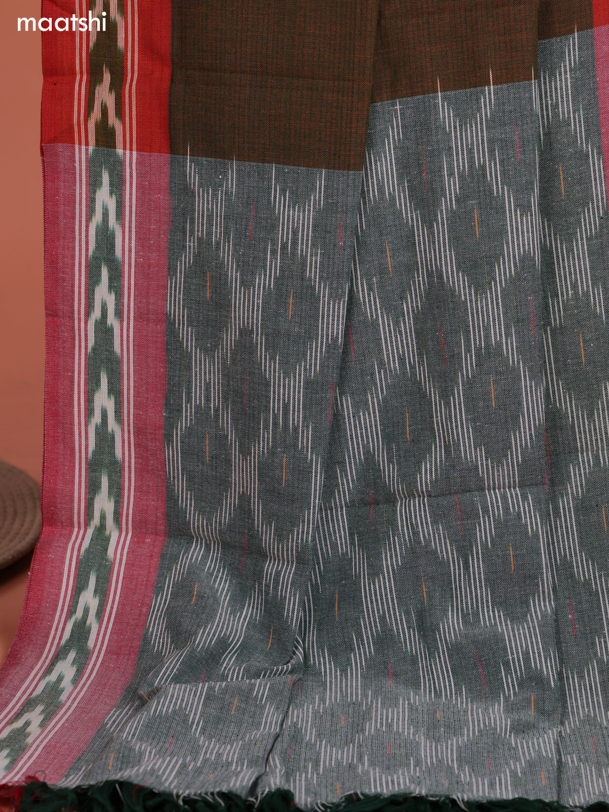 Sap Green and Mehendi Green Ikat Cotton Dress Material With Ikat Weaves and Bottom & Dupatta