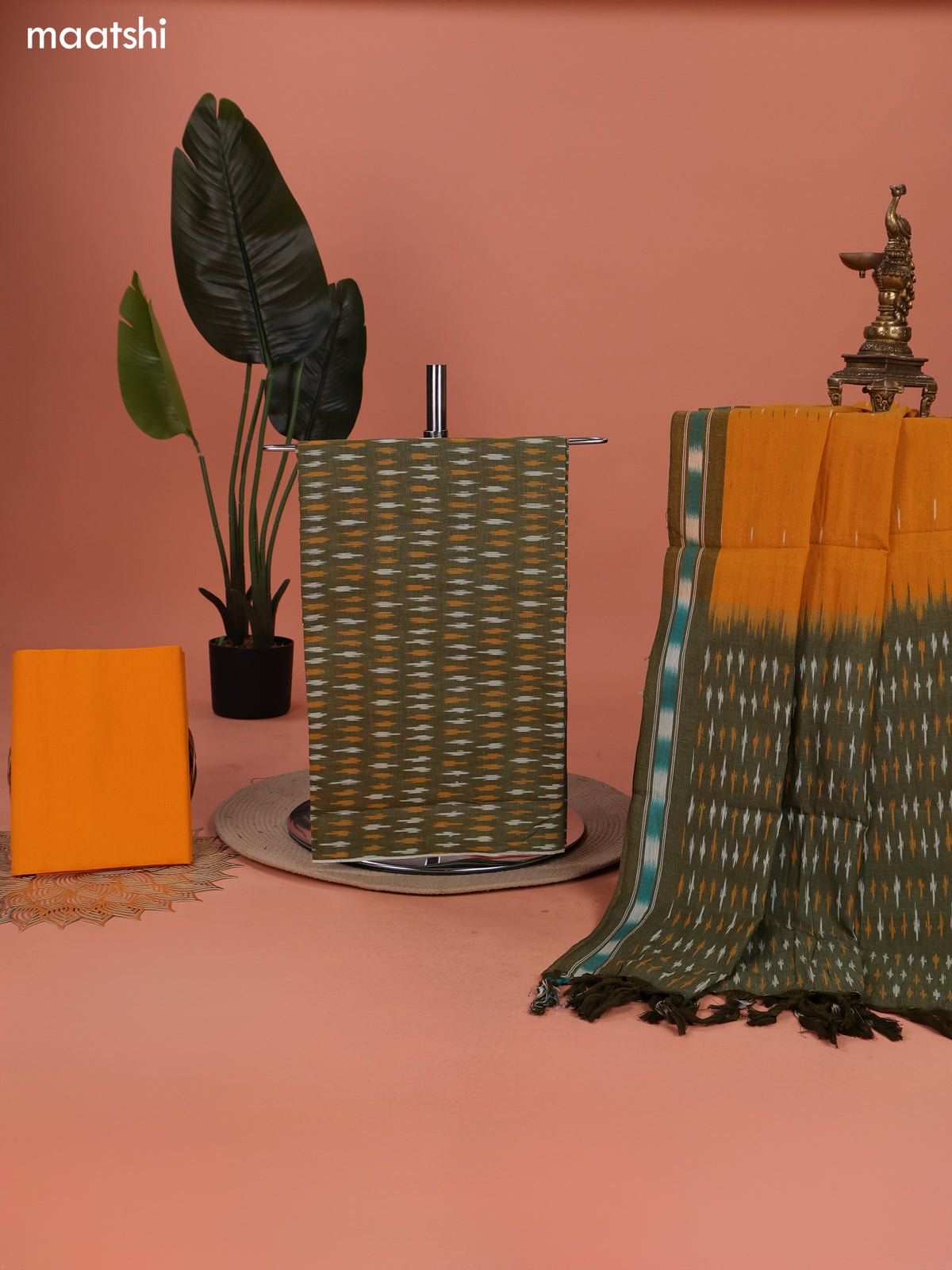 Mehendi Green and Mango Yellow Ikat Cotton Dress Material With Ikat Weaves and Bottom & Dupatta