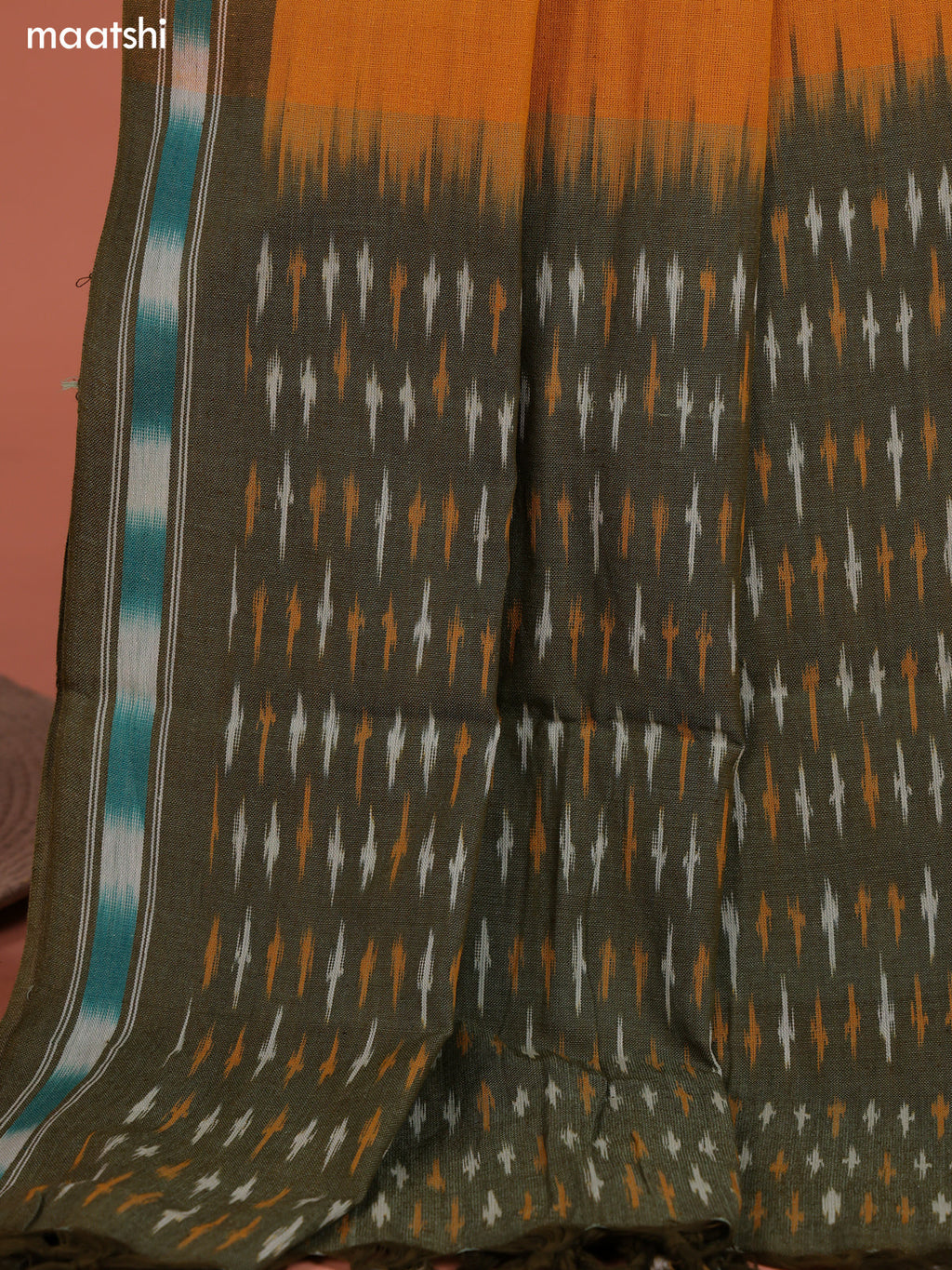 Mehendi Green and Mango Yellow Ikat Cotton Dress Material With Ikat Weaves and Bottom & Dupatta