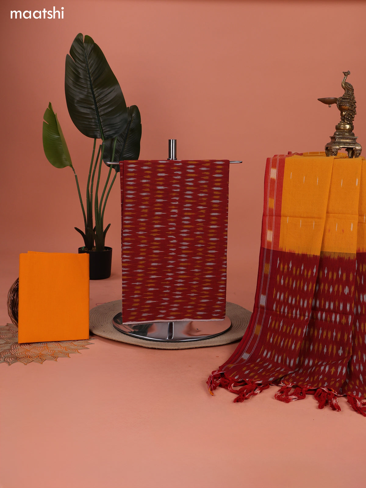 Red and Mango Yellow Ikat Cotton Dress Material With Ikat Weaves and Bottom & Dupatta