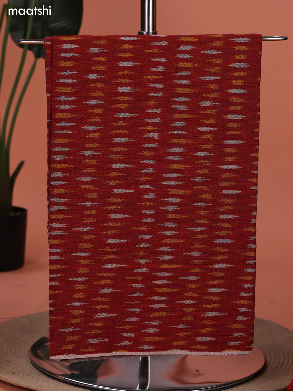 Red and Mango Yellow Ikat Cotton Dress Material With Ikat Weaves and Bottom & Dupatta