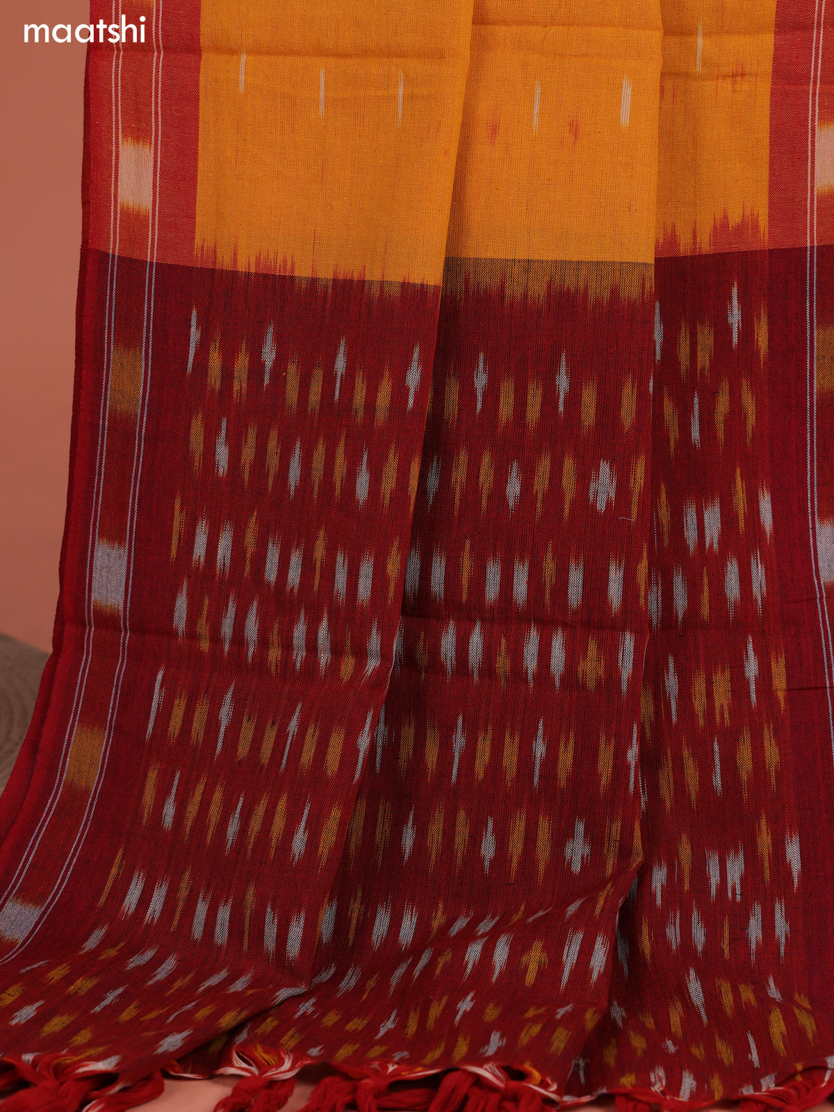 Red and Mango Yellow Ikat Cotton Dress Material With Ikat Weaves and Bottom & Dupatta