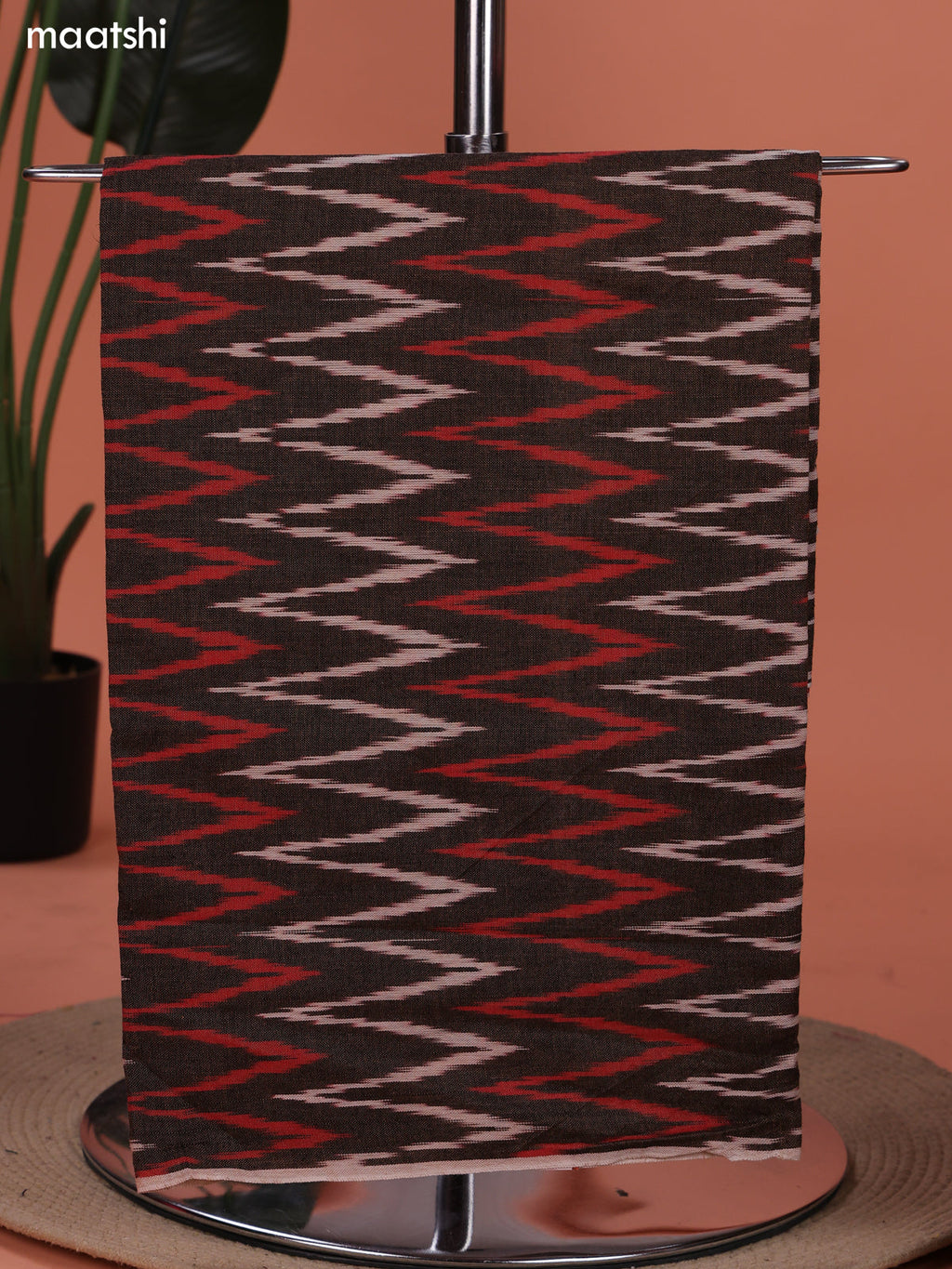 Brown and Red Ikat Cotton Dress Material With Ikat Weaves and Bottom & Dupatta