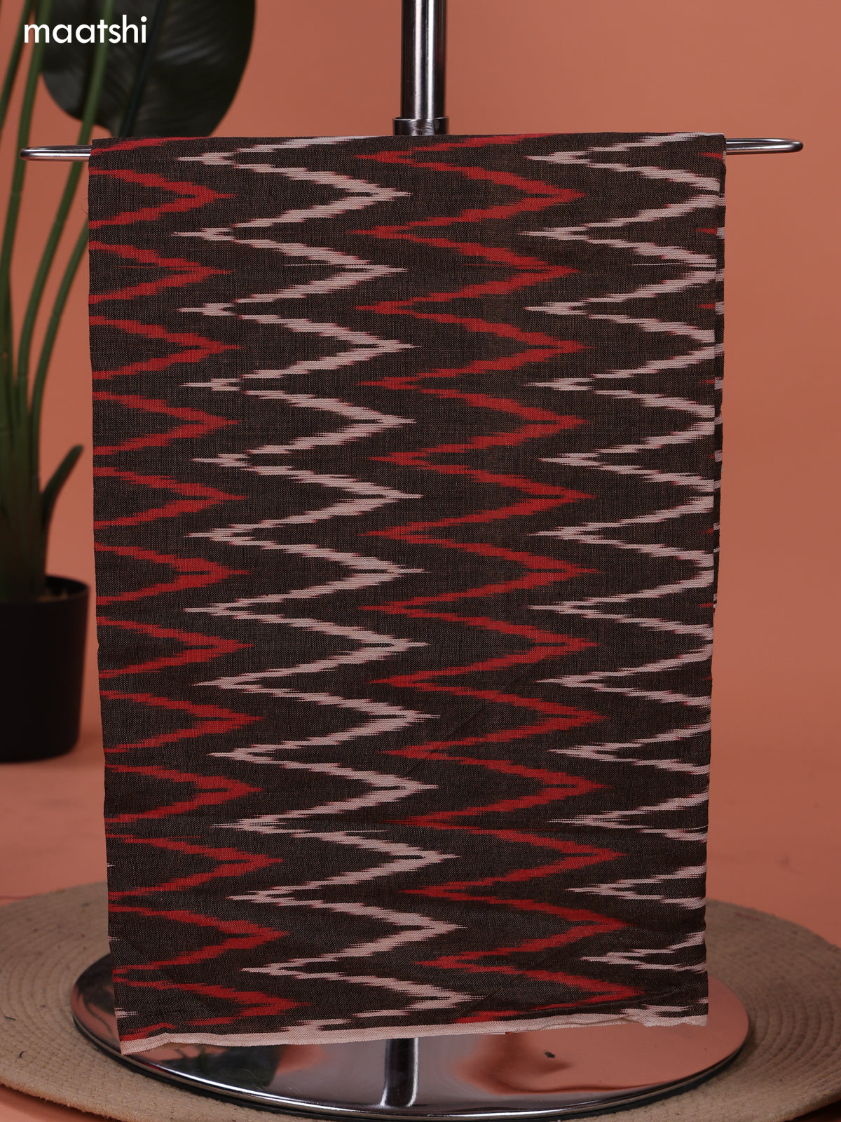 Brown and Red Ikat Cotton Dress Material With Ikat Weaves and Bottom & Dupatta