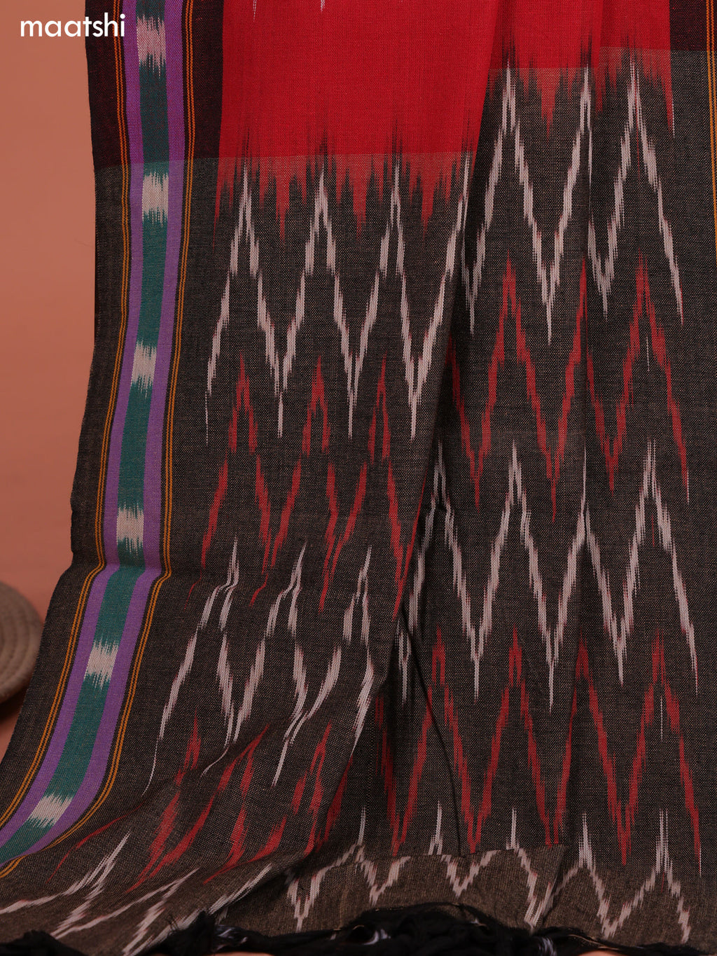 Brown and Red Ikat Cotton Dress Material With Ikat Weaves and Bottom & Dupatta