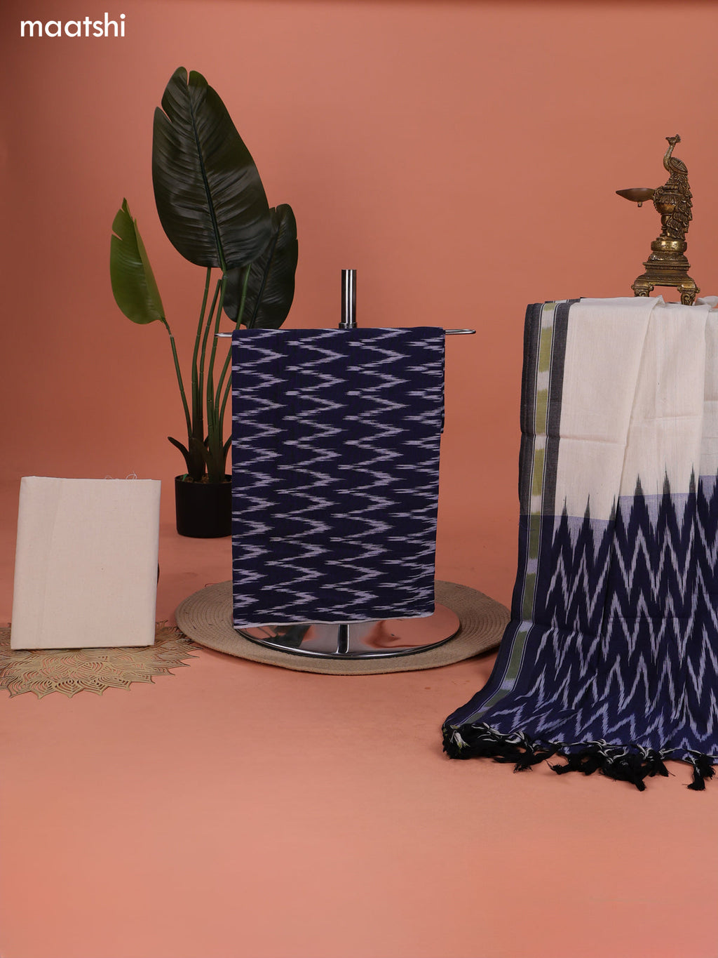 Navy Blue and Off White Ikat Cotton Dress Material With Ikat Weaves and Bottom & Dupatta