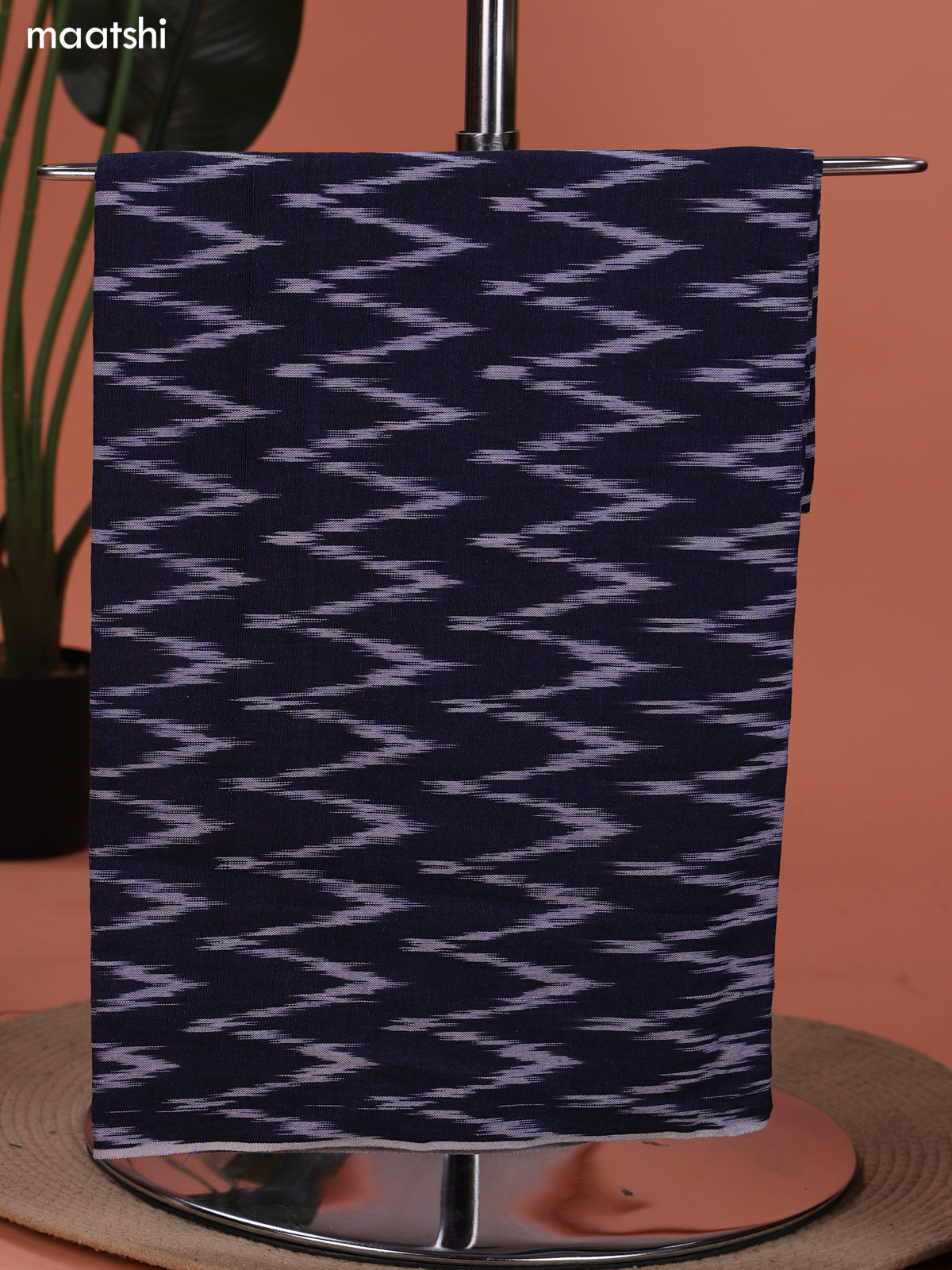 Navy Blue and Off White Ikat Cotton Dress Material With Ikat Weaves and Bottom & Dupatta