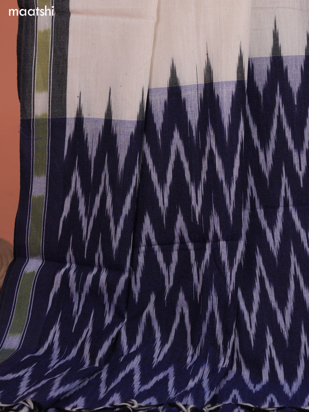 Navy Blue and Off White Ikat Cotton Dress Material With Ikat Weaves and Bottom & Dupatta