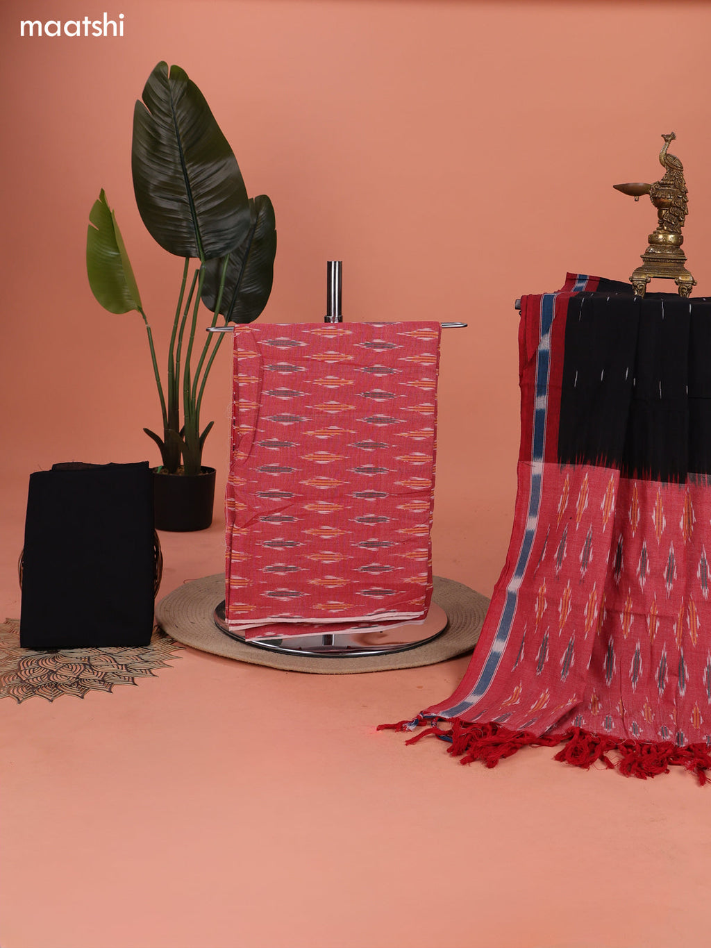 Red and Black Ikat Cotton Dress Material With Ikat Weaves and Bottom & Dupatta