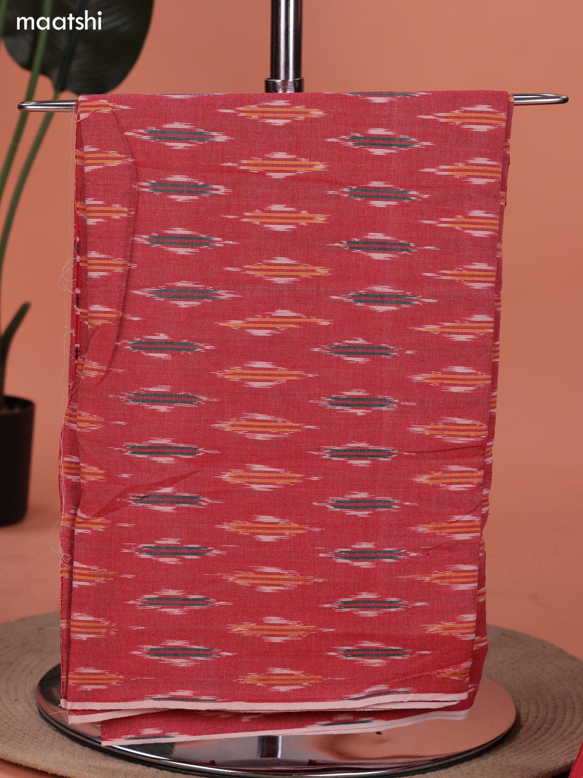 Red and Black Ikat Cotton Dress Material With Ikat Weaves and Bottom & Dupatta