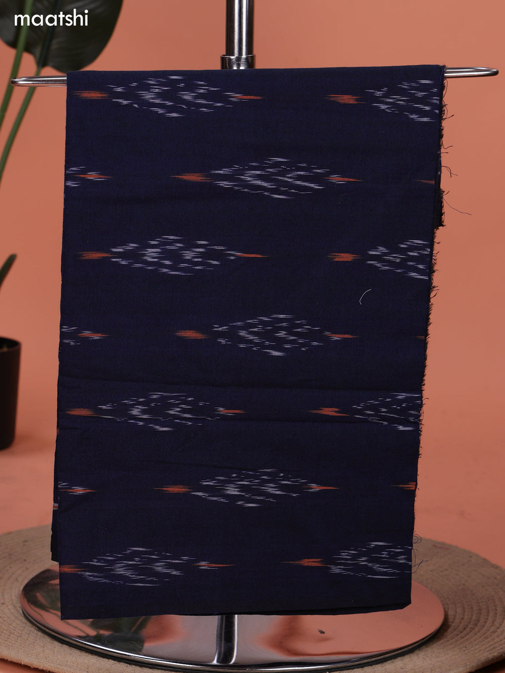 Navy Blue and Grey Ikat Cotton Dress Material With Ikat Weaves and Bottom & Dupatta