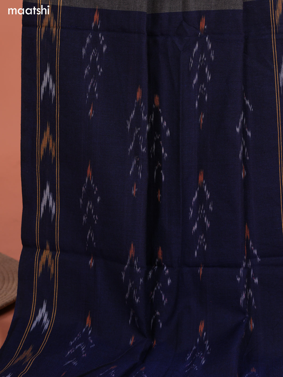 Navy Blue and Grey Ikat Cotton Dress Material With Ikat Weaves and Bottom & Dupatta