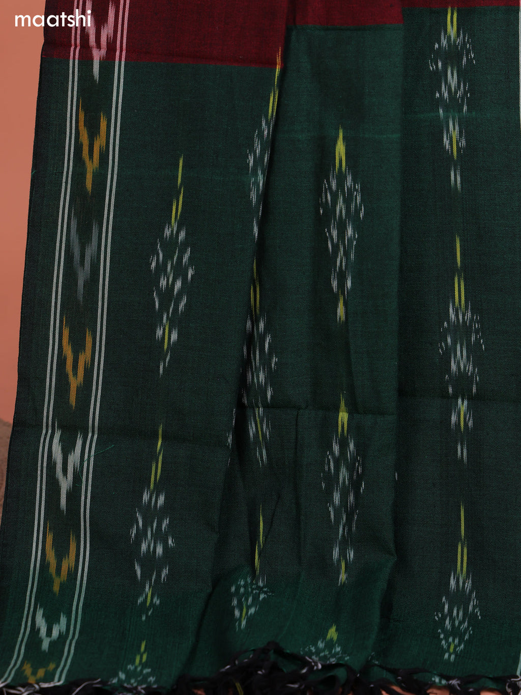 Green and Maroon Ikat Cotton Dress Material With Ikat Weaves and Bottom & Dupatta