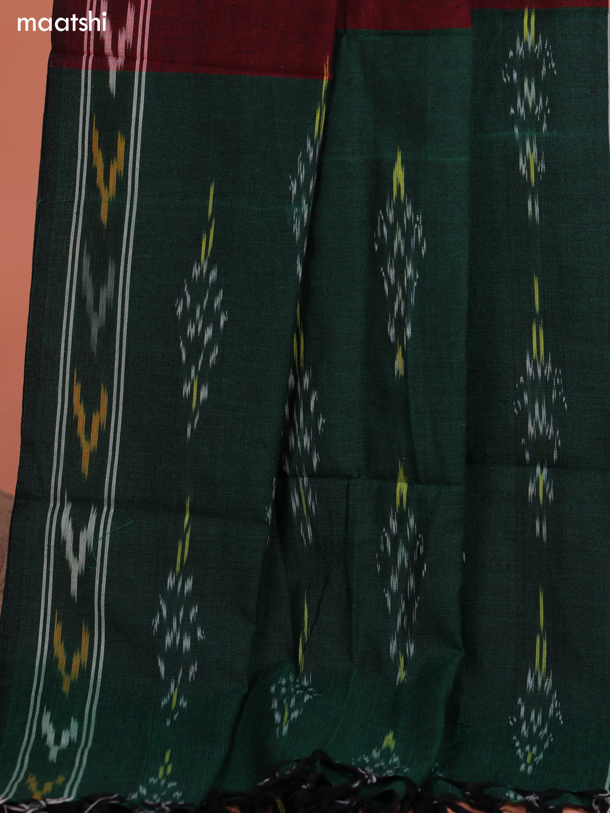 Green and Maroon Ikat Cotton Dress Material With Ikat Weaves and Bottom & Dupatta