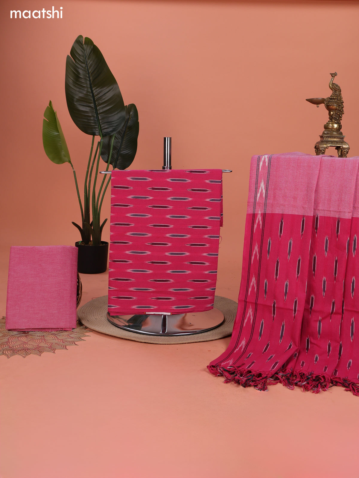 Dark Pink and Pink Ikat Cotton Dress Material With Ikat Weaves and Bottom & Dupatta