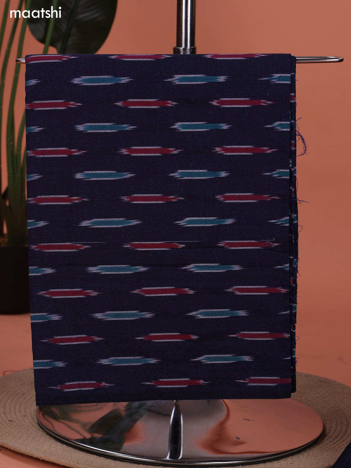 Navy Blue and Rosy Brown Ikat Cotton Dress Material With Ikat Weaves and Bottom & Dupatta