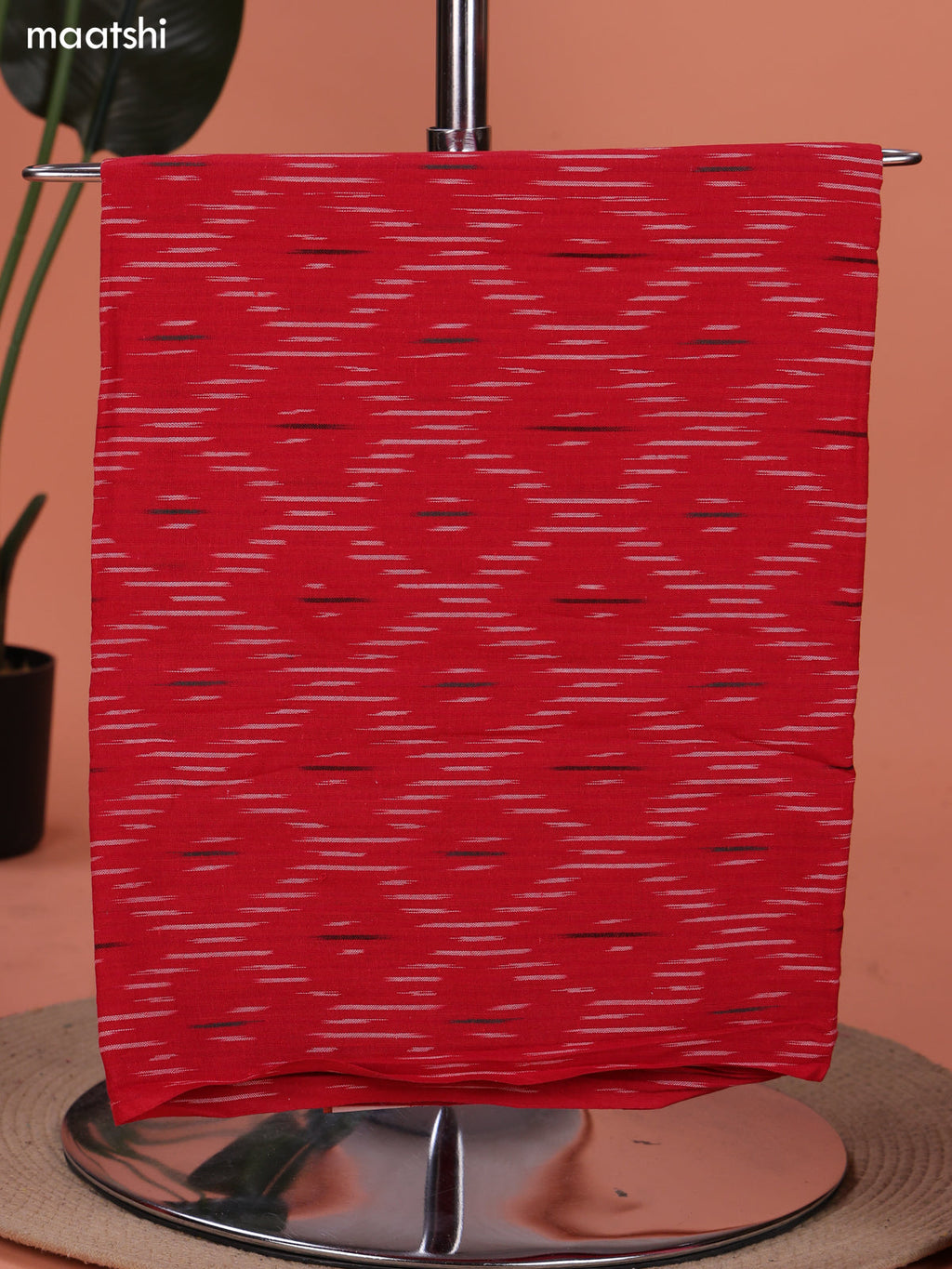 Red and Orange Ikat Cotton Dress Material With Ikat Weaves and Bottom & Dupatta