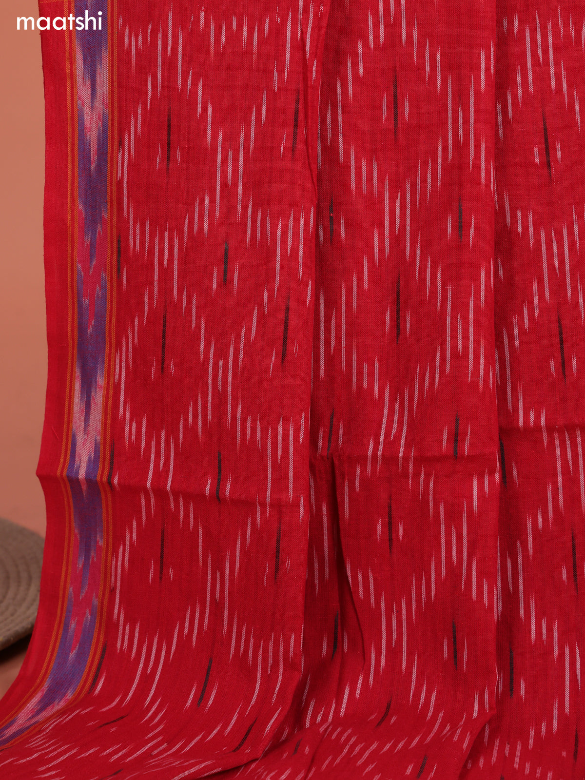 Red and Orange Ikat Cotton Dress Material With Ikat Weaves and Bottom & Dupatta