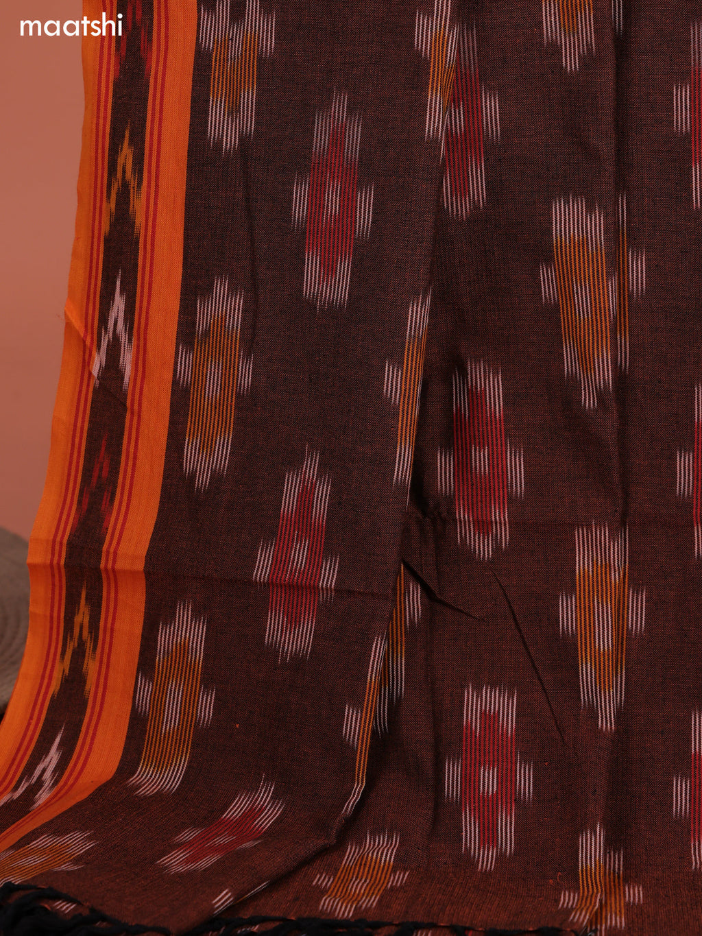 Brown and Grey Ikat Cotton Dress Material With Ikat Weaves and Bottom & Dupatta