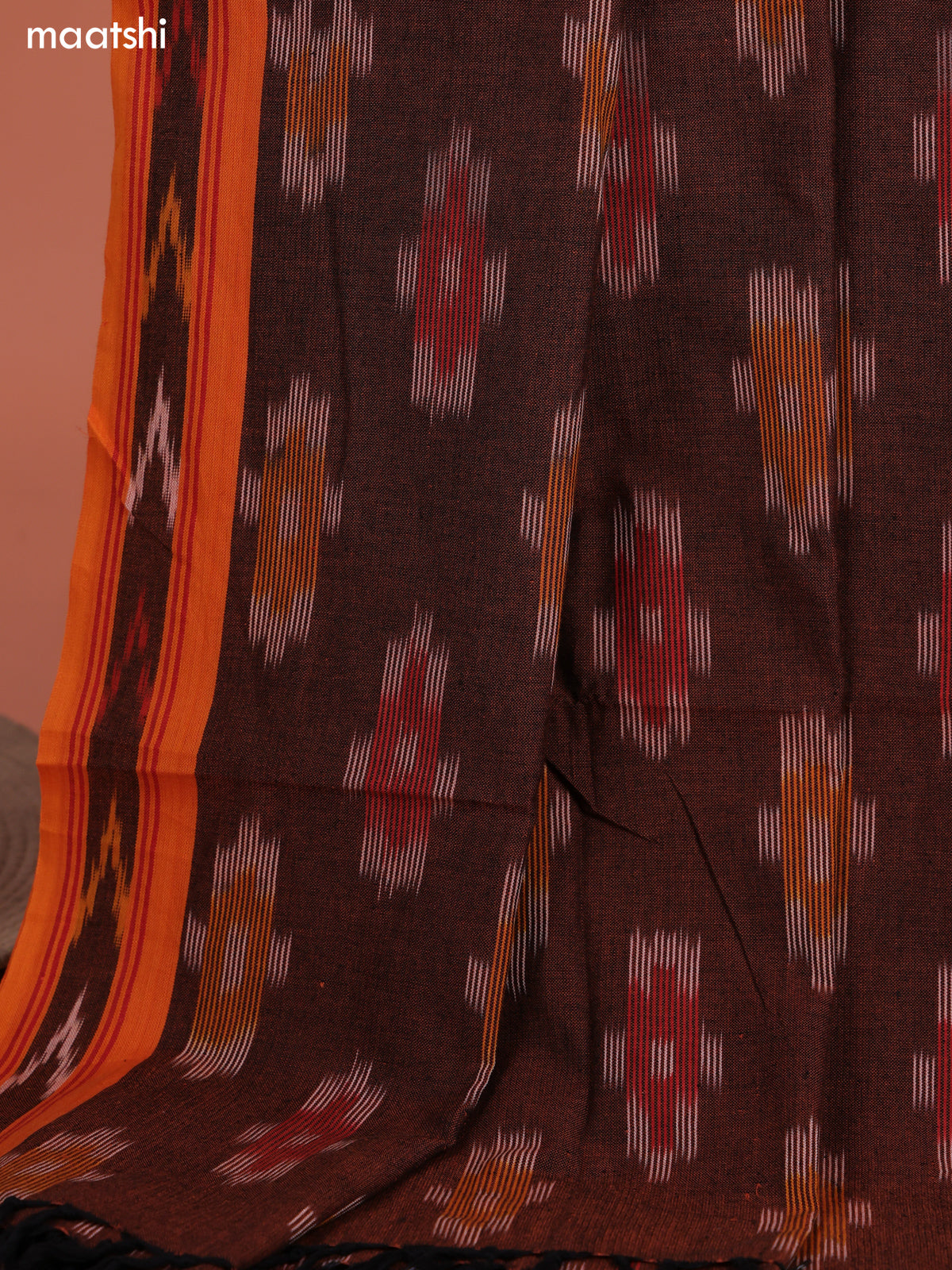 Brown and Grey Ikat Cotton Dress Material With Ikat Weaves and Bottom & Dupatta