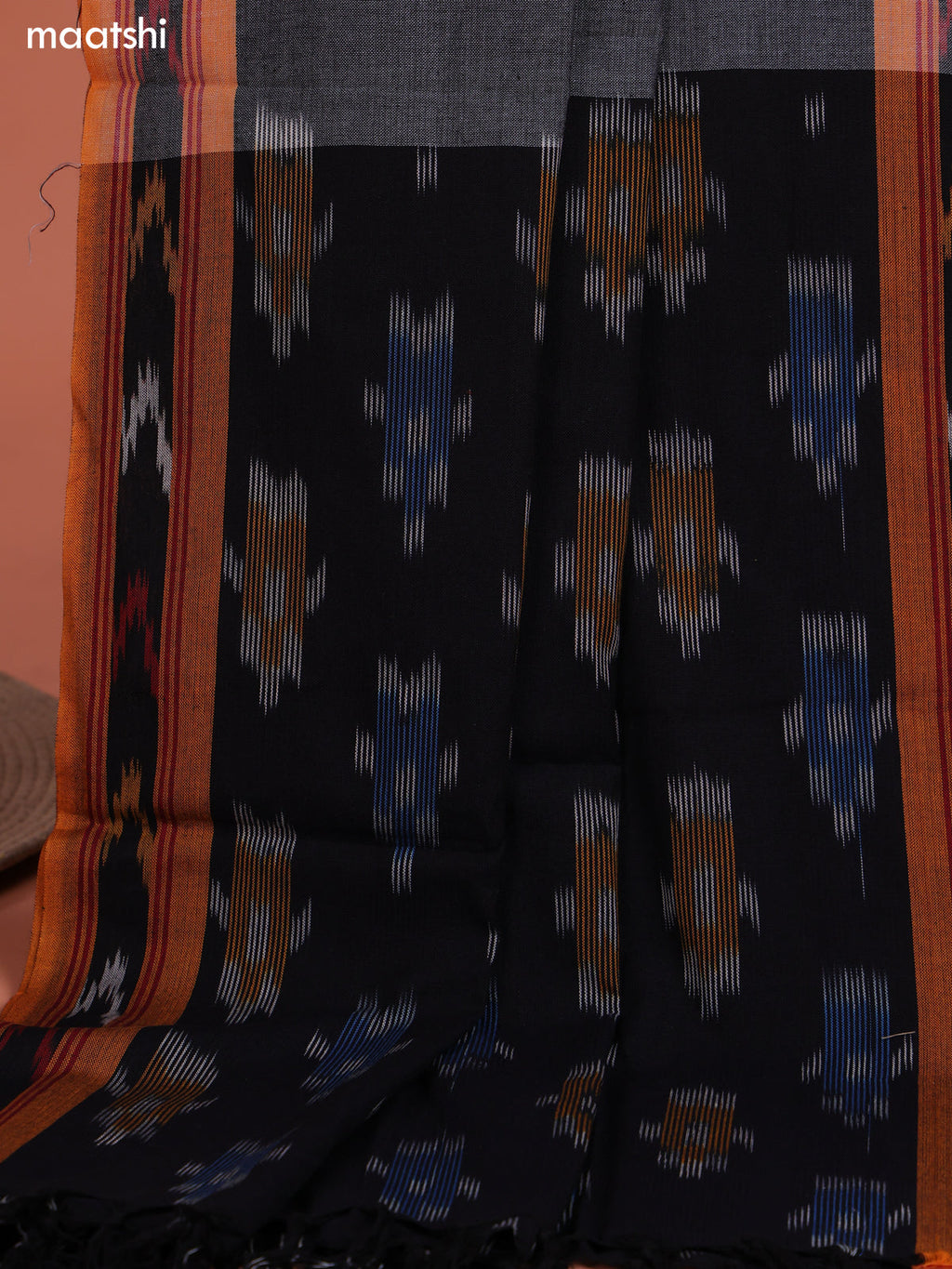 Black and Grey Ikat Cotton Dress Material With Ikat Weaves and Bottom & Dupatta