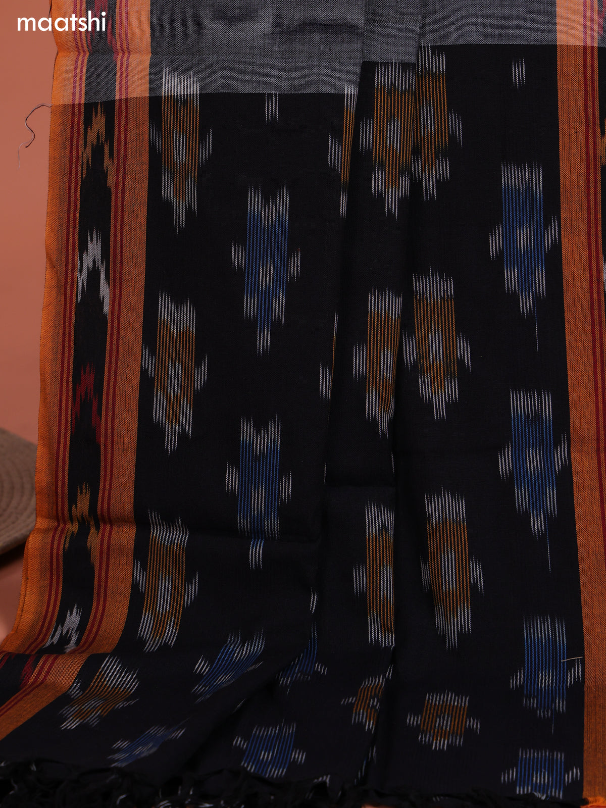 Black and Grey Ikat Cotton Dress Material With Ikat Weaves and Bottom & Dupatta