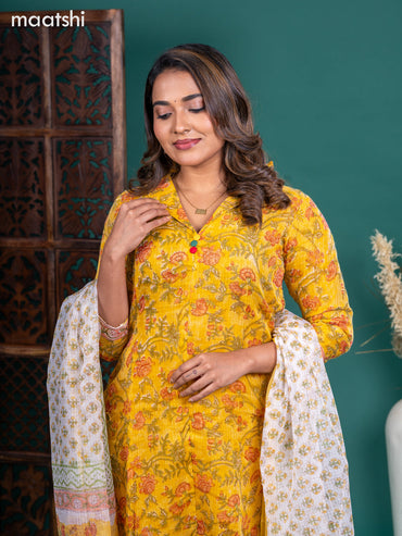 Kota salwar suit mustard yellow and off white with allover floral prints & collar neck pattern and straight cut pant & kotta dupatta