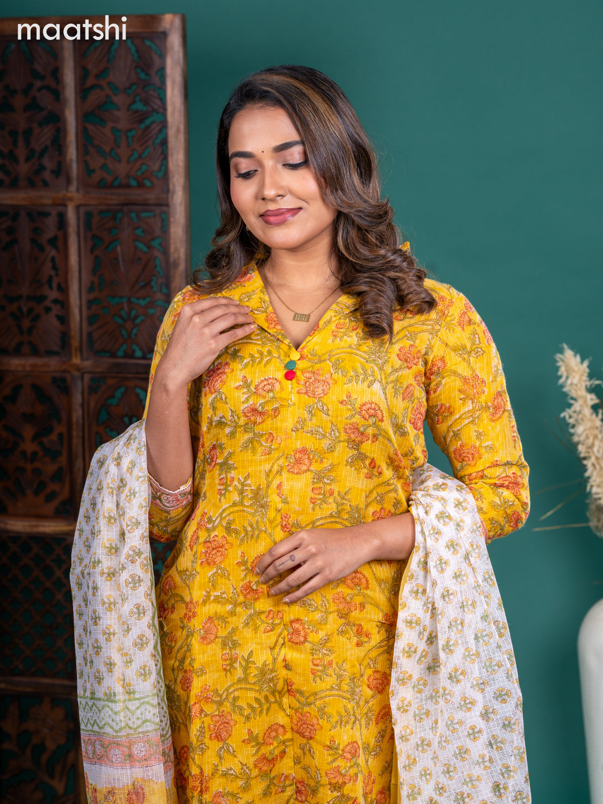 Kota salwar suit mustard yellow and off white with allover floral prints & collar neck pattern and straight cut pant & kotta dupatta
