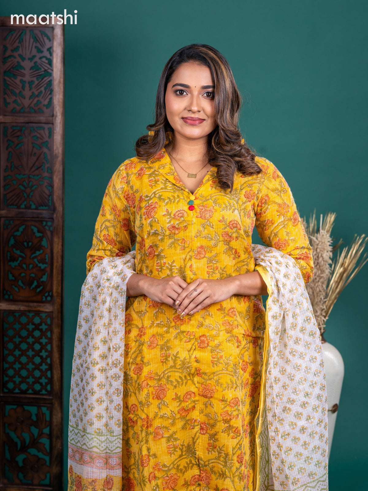 Kota salwar suit mustard yellow and off white with allover floral prints & collar neck pattern and straight cut pant & kotta dupatta