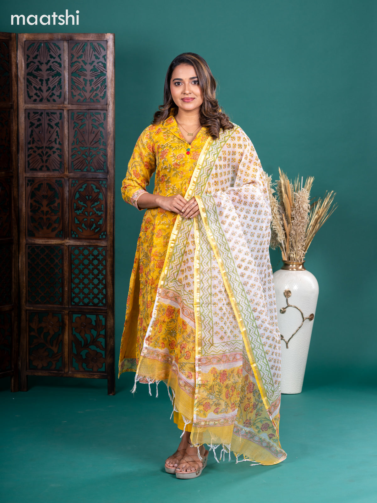 Kota salwar suit mustard yellow and off white with allover floral prints & collar neck pattern and straight cut pant & kotta dupatta