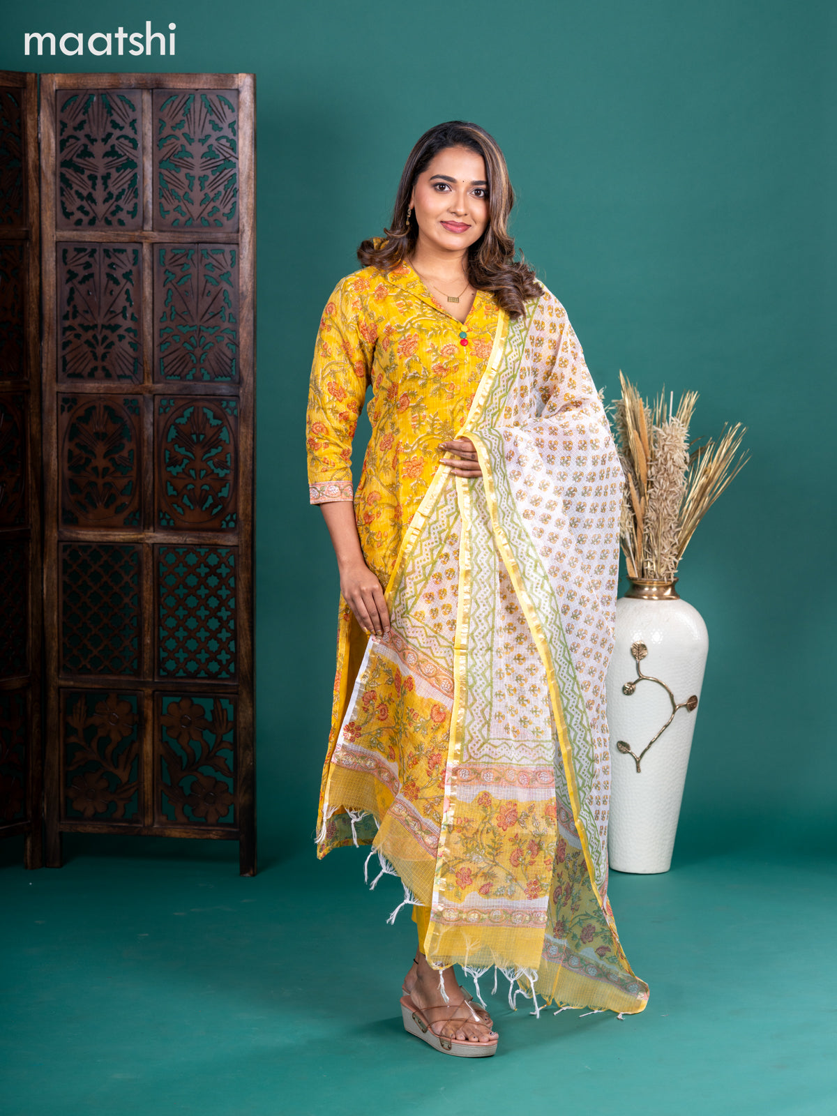 Kota salwar suit mustard yellow and off white with allover floral prints & collar neck pattern and straight cut pant & kotta dupatta