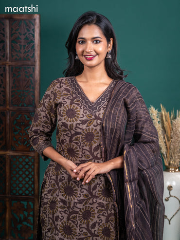 Kota salwar suit beige and coffee brown with allover prints & simple v neck pattern and straight cut pant & kotta dupatta
