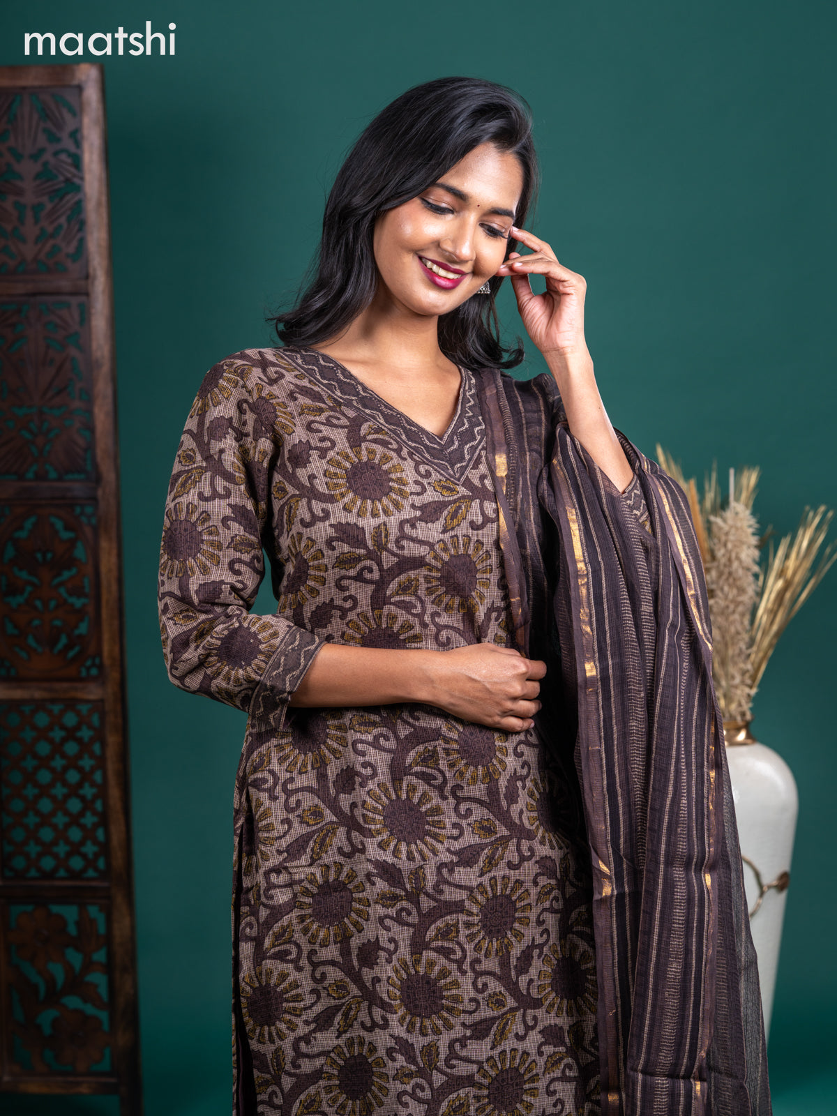 Kota salwar suit beige and coffee brown with allover prints & simple v neck pattern and straight cut pant & kotta dupatta