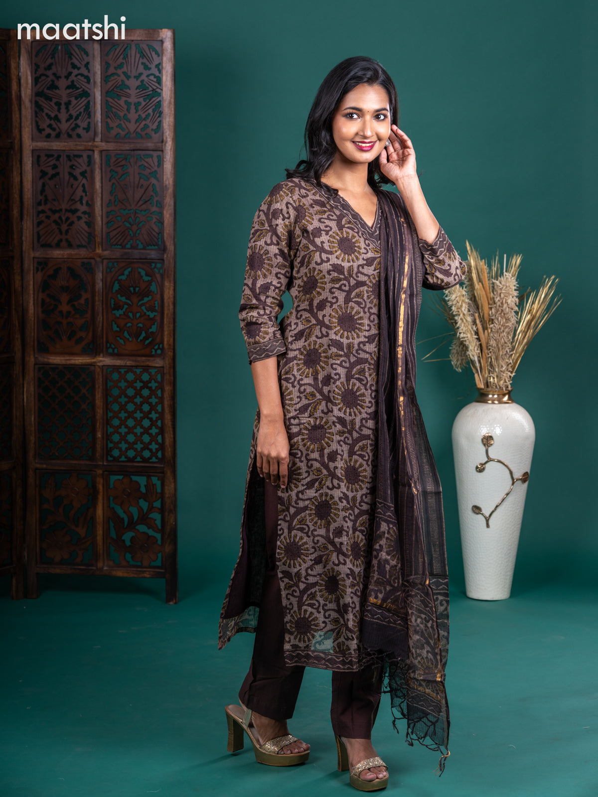 Kota salwar suit beige and coffee brown with allover prints & simple v neck pattern and straight cut pant & kotta dupatta