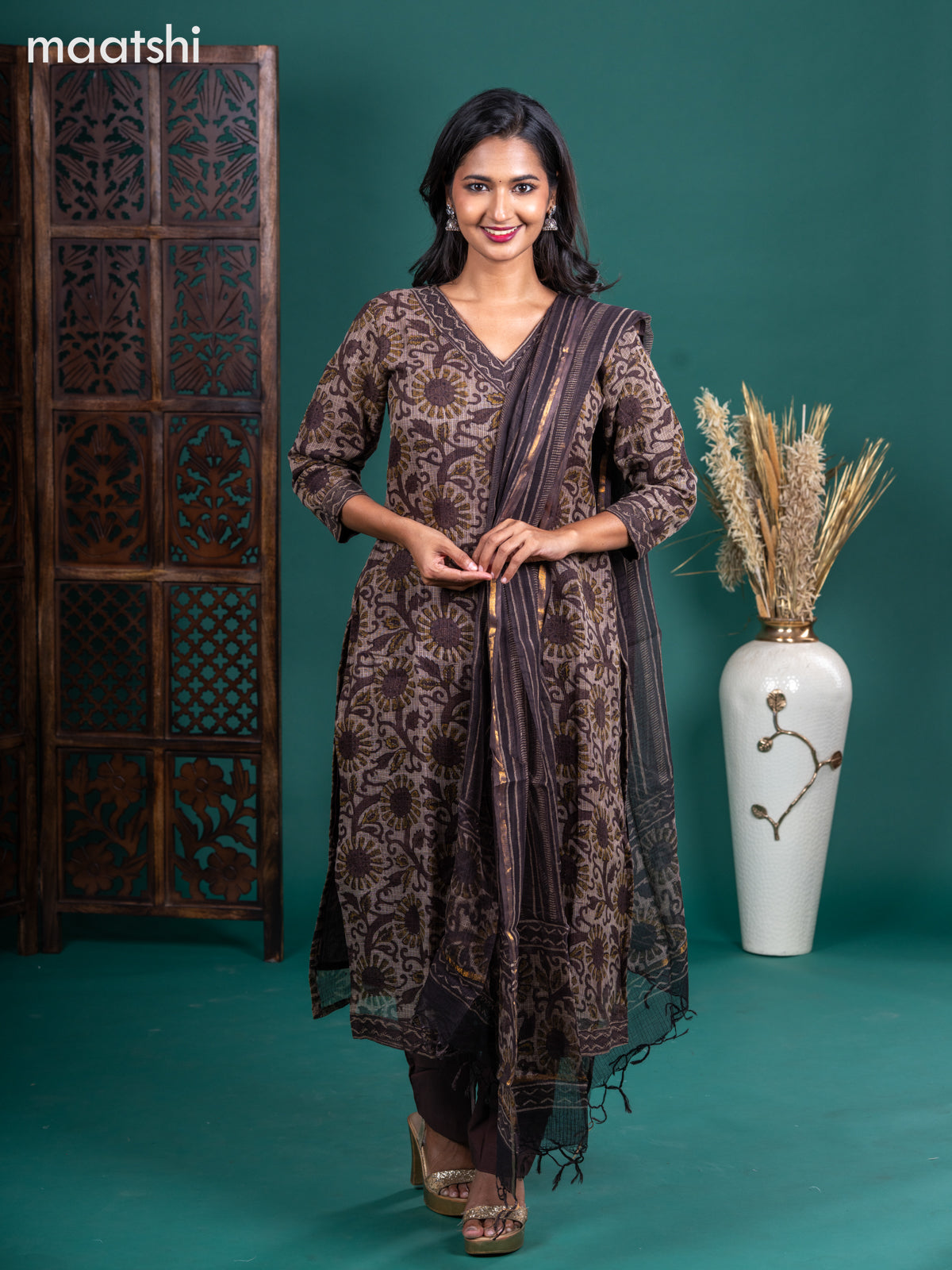 Kota salwar suit beige and coffee brown with allover prints & simple v neck pattern and straight cut pant & kotta dupatta