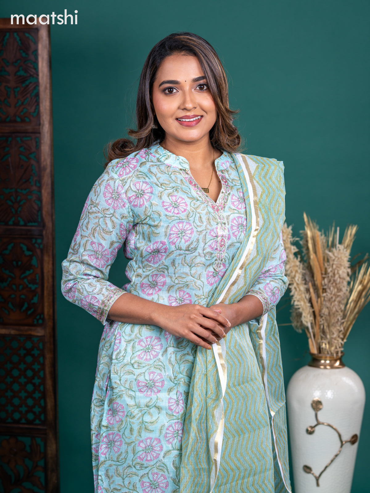 Kota salwar suit teal shade with allover floral prints & embroidery beaded neck pattern and straight cut pant & kotta dupatta