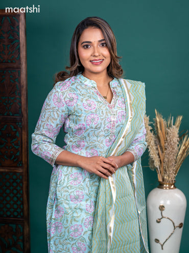 Kota salwar suit teal shade with allover floral prints & embroidery beaded neck pattern and straight cut pant & kotta dupatta