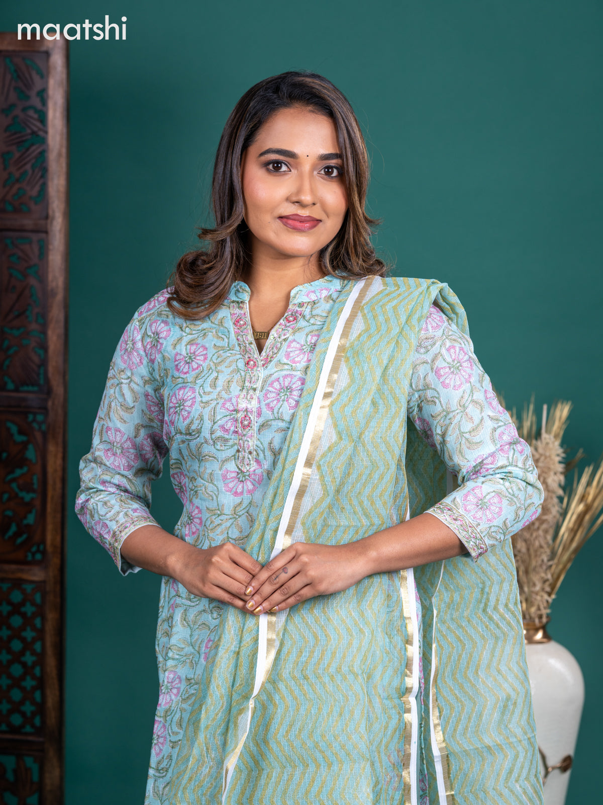 Kota salwar suit teal shade with allover floral prints & embroidery beaded neck pattern and straight cut pant & kotta dupatta