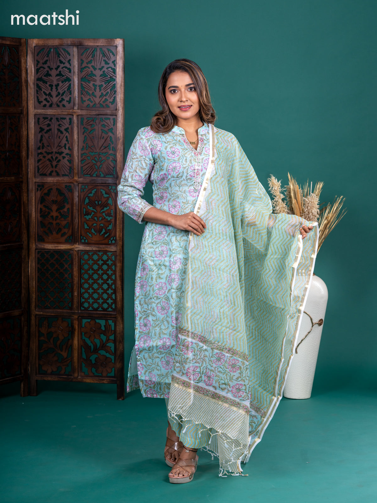Kota salwar suit teal shade with allover floral prints & embroidery beaded neck pattern and straight cut pant & kotta dupatta