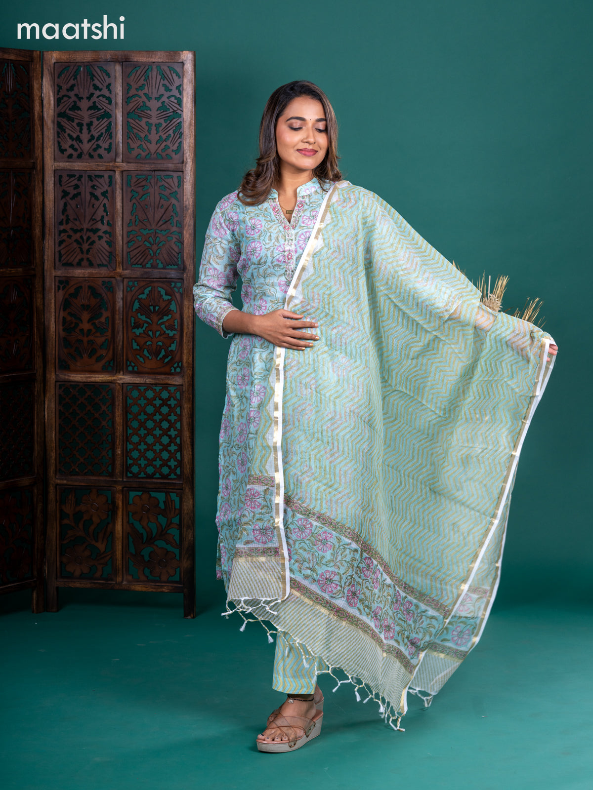 Kota salwar suit teal shade with allover floral prints & embroidery beaded neck pattern and straight cut pant & kotta dupatta
