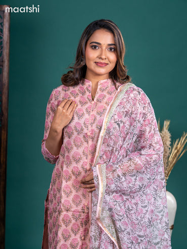 Kota salwar suit peach shade with allover floral prints & simple neck pattern and straight cut pant & kotta dupatta