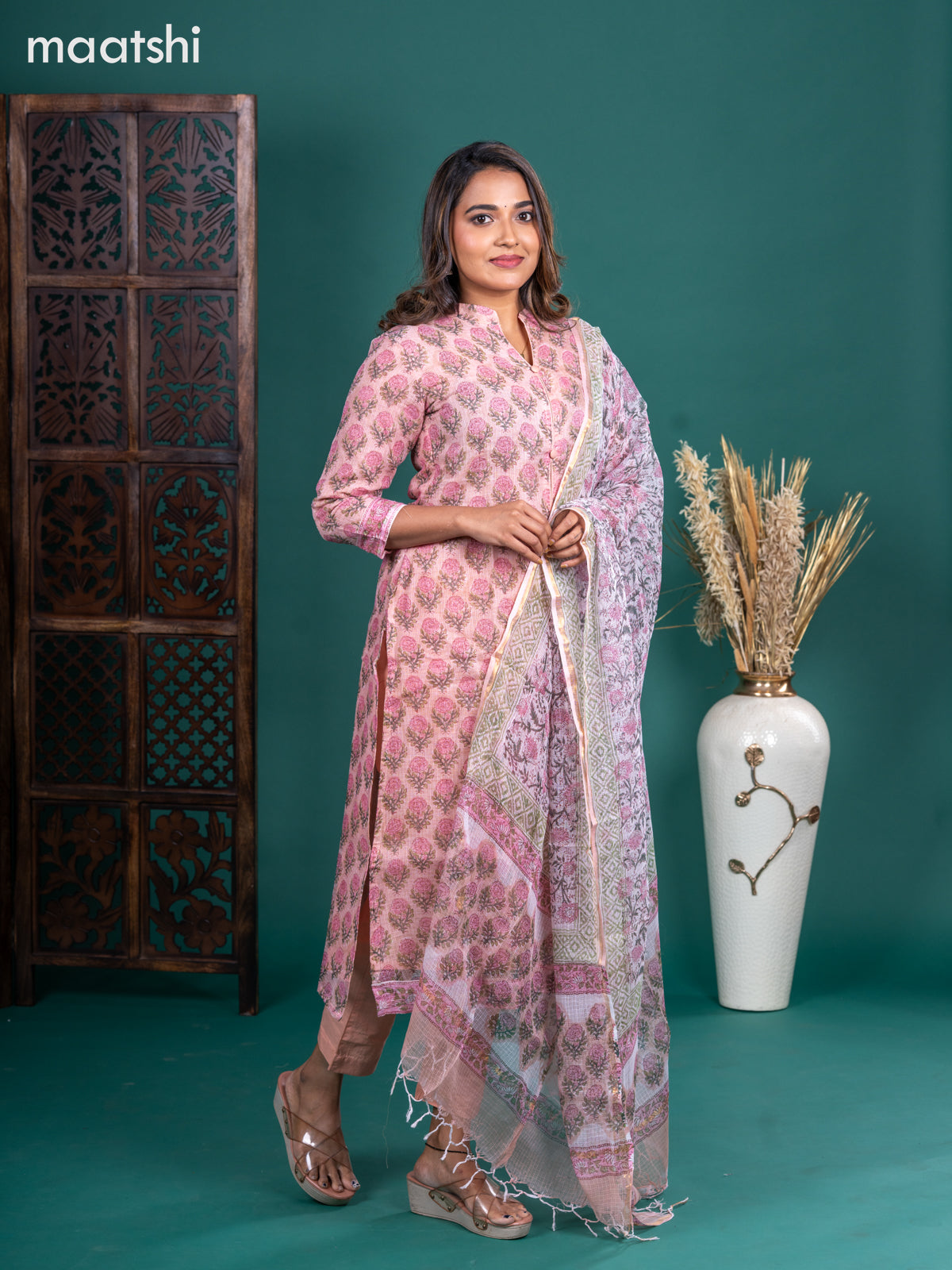 Kota salwar suit peach shade with allover floral prints & simple neck pattern and straight cut pant & kotta dupatta