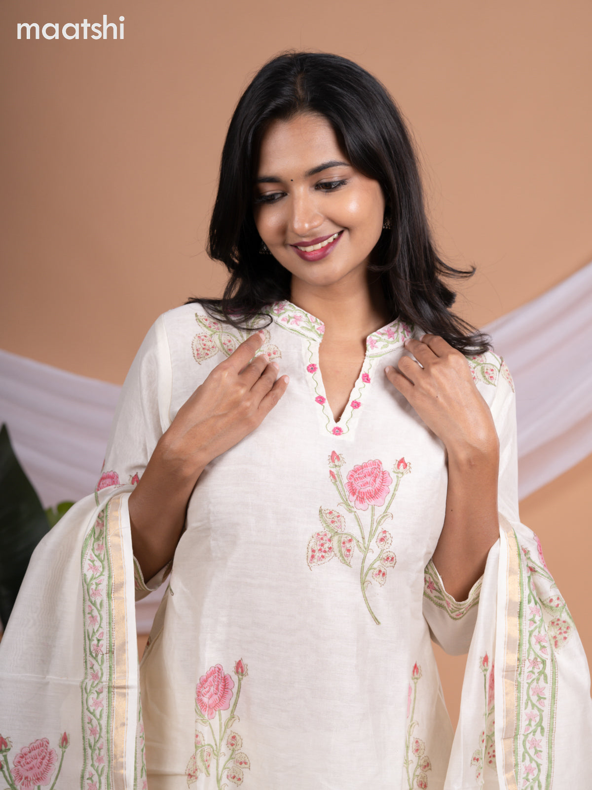 Chanderi a-line salwar suit off white with floral butta prints & embroidery mirror work neck pattern and straight cut pant & printed dupatta