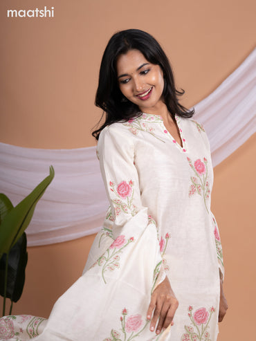 Chanderi a-line salwar suit off white with floral butta prints & embroidery mirror work neck pattern and straight cut pant & printed dupatta