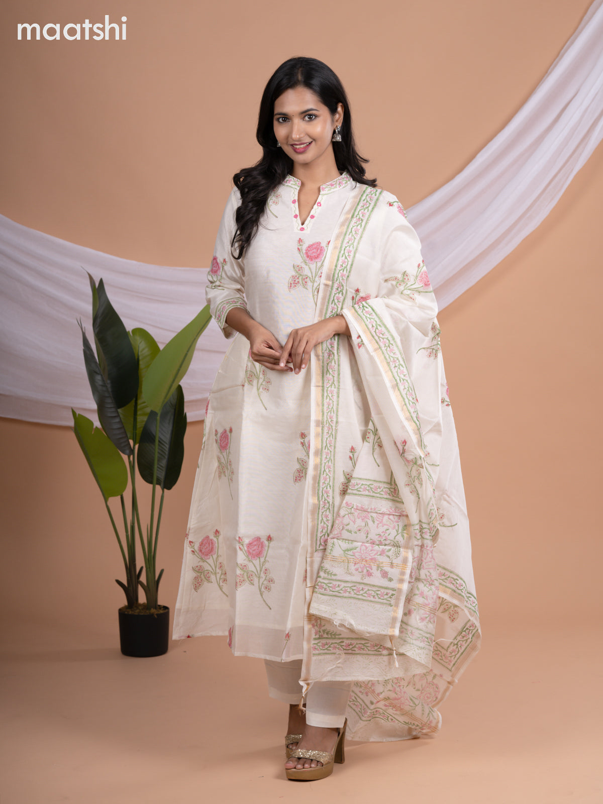 Chanderi a-line salwar suit off white with floral butta prints & embroidery mirror work neck pattern and straight cut pant & printed dupatta