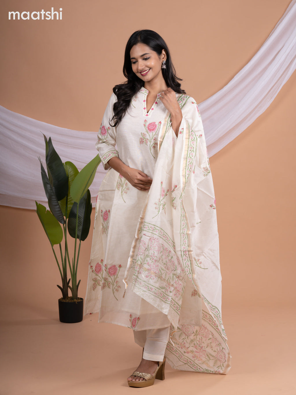 Chanderi a-line salwar suit off white with floral butta prints & embroidery mirror work neck pattern and straight cut pant & printed dupatta